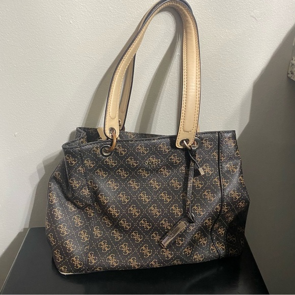 Guess  Brown Monogram Logo Tote Bag Purse Brown - Picture 1 of 10